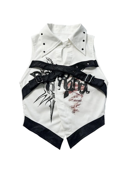 WSW WUSHENWU Printed Patchwork Punk Lapel Sleeveless Slim Cropped Women&
