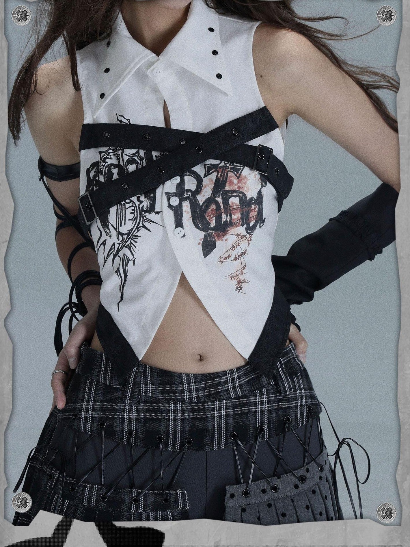 WSW WUSHENWU Printed Patchwork Punk Lapel Sleeveless Slim Cropped Women&