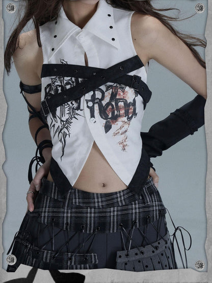 WSW WUSHENWU Printed Patchwork Punk Lapel Sleeveless Slim Cropped Women&