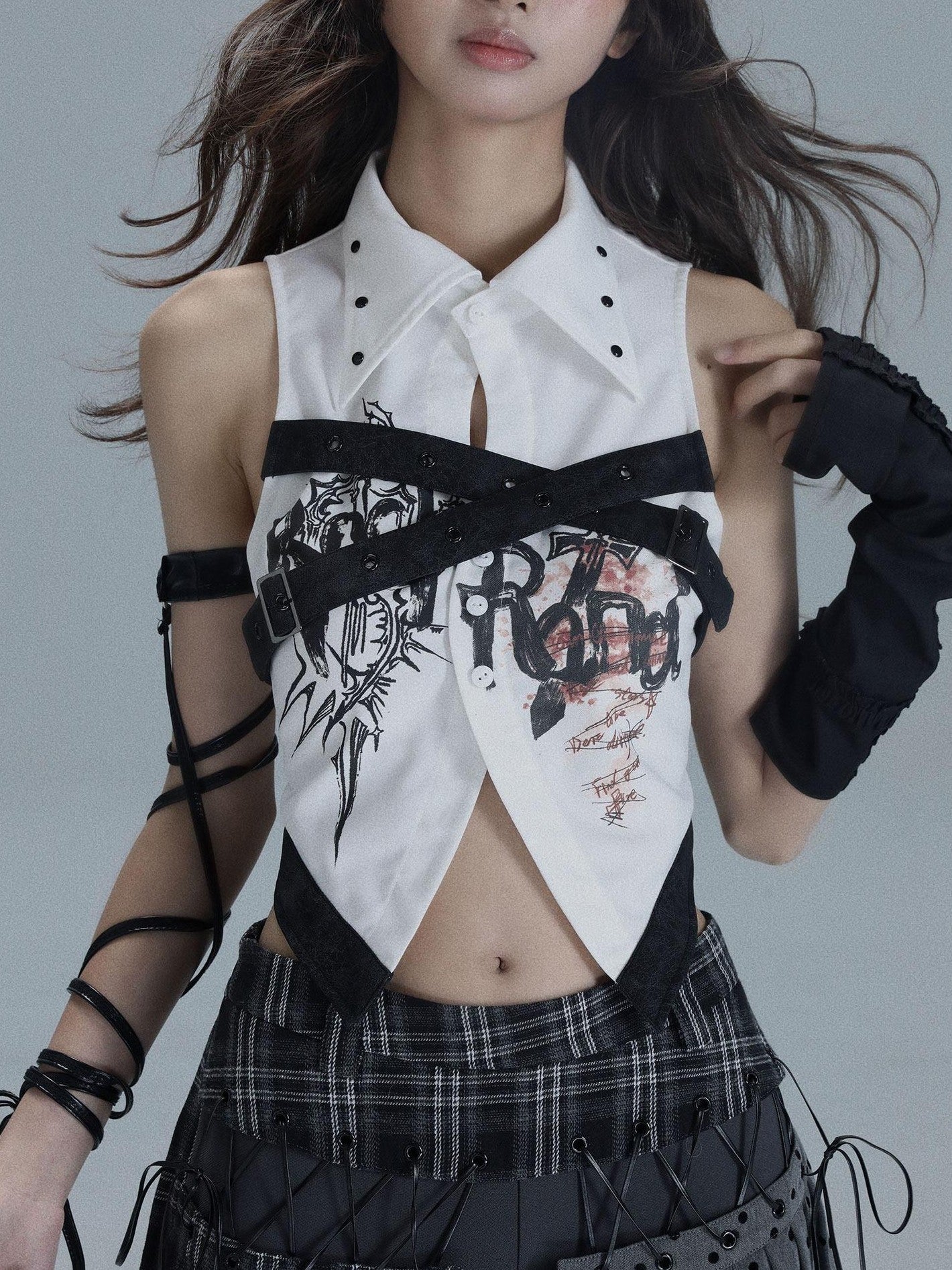WSW WUSHENWU Printed Patchwork Punk Lapel Sleeveless Slim Cropped Women&