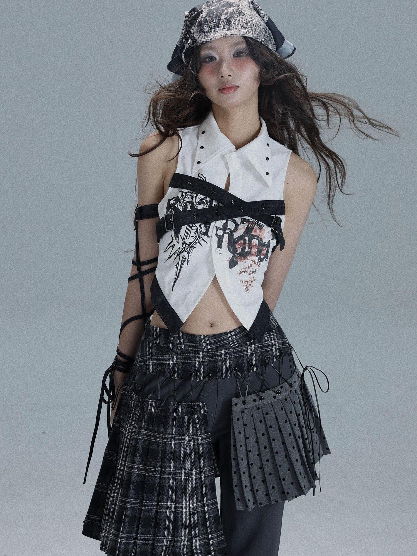 WSW WUSHENWU Printed Patchwork Punk Lapel Sleeveless Slim Cropped Women&