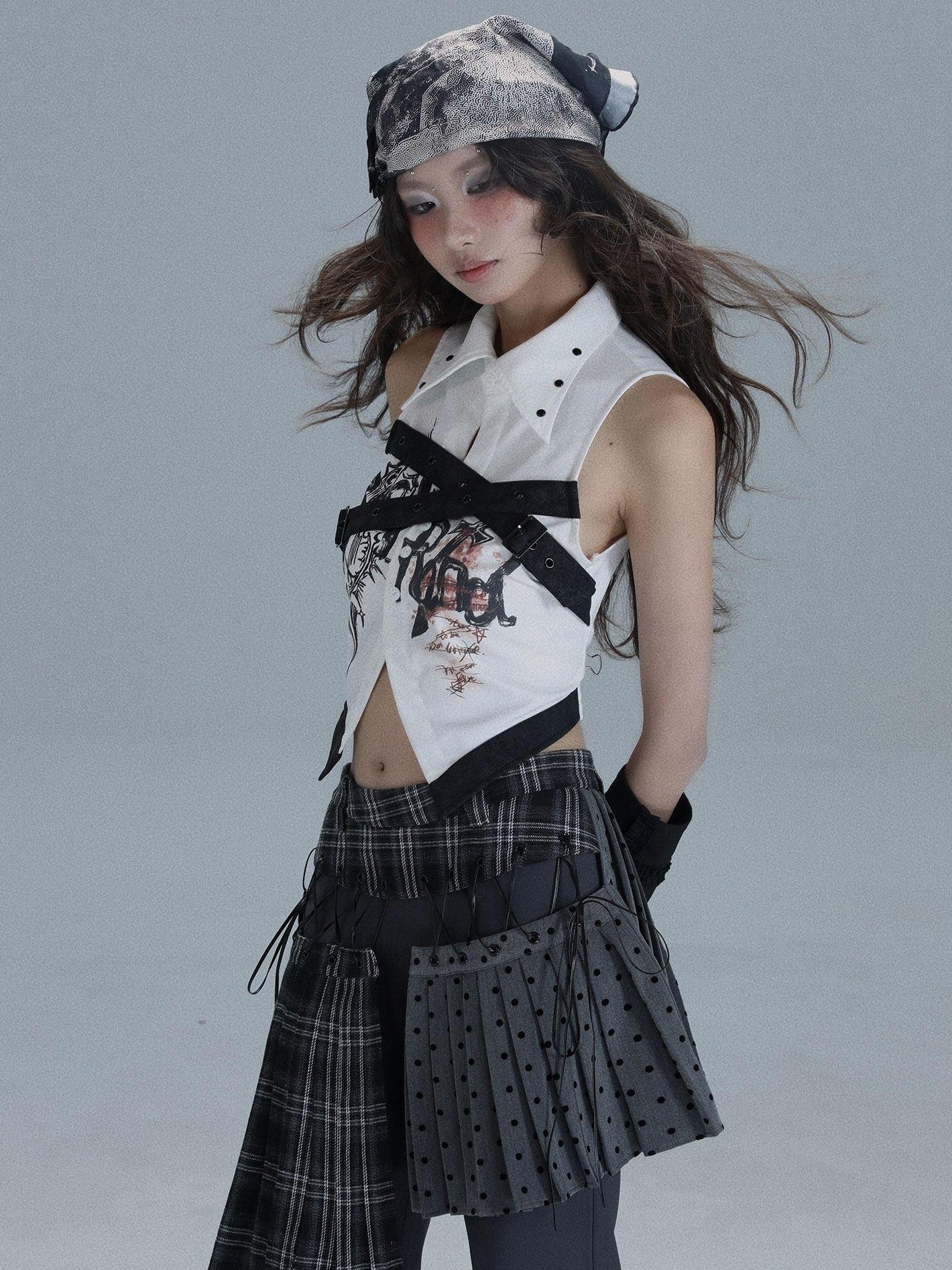 WSW WUSHENWU Printed Patchwork Punk Lapel Sleeveless Slim Cropped Women&