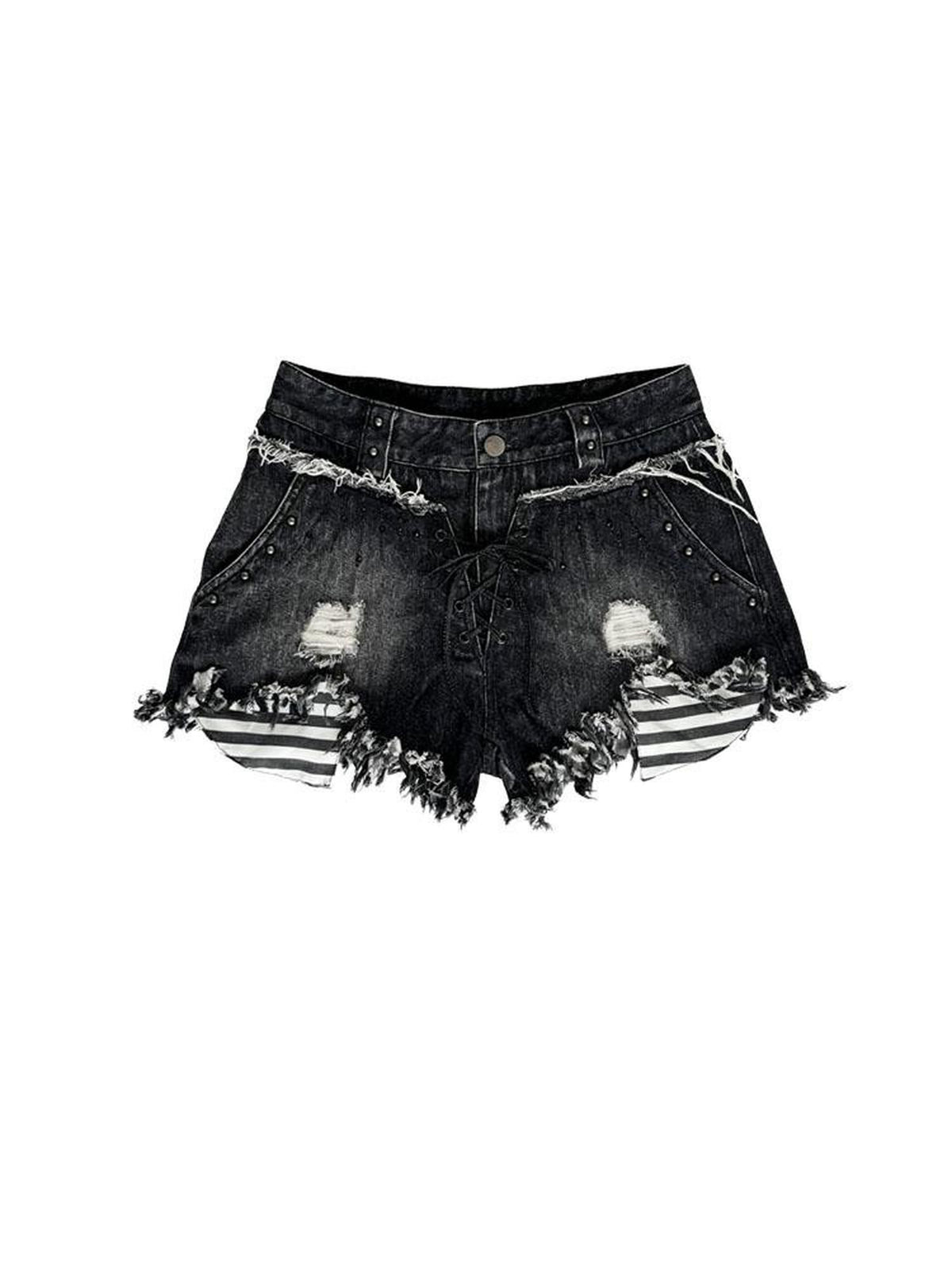 WSW WUSHENWU Punk Distressed Lace Up Frayed Rhinestone Women&