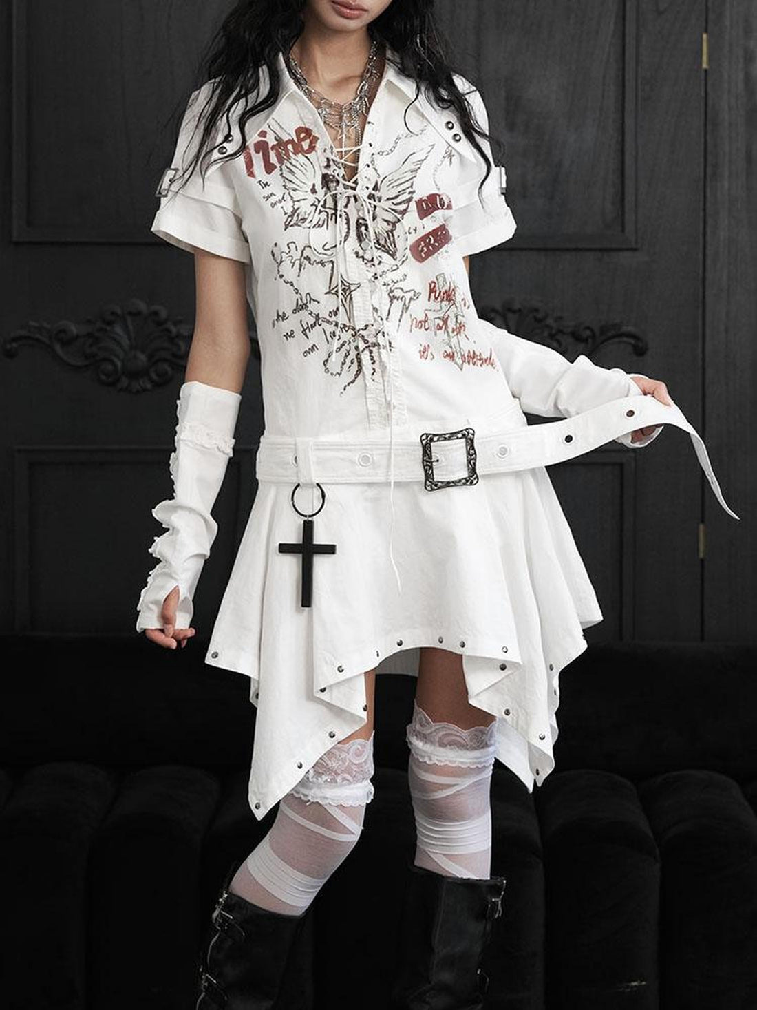 WSW WUSHENWU Punk Lace Up Print Asymmetric V-neck Women&