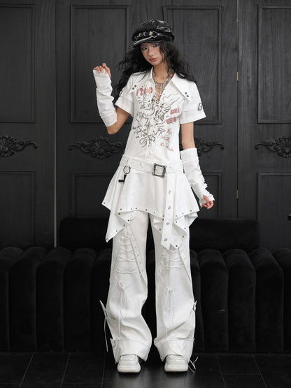 WSW WUSHENWU Punk Lace Up Print Asymmetric V-neck Women&