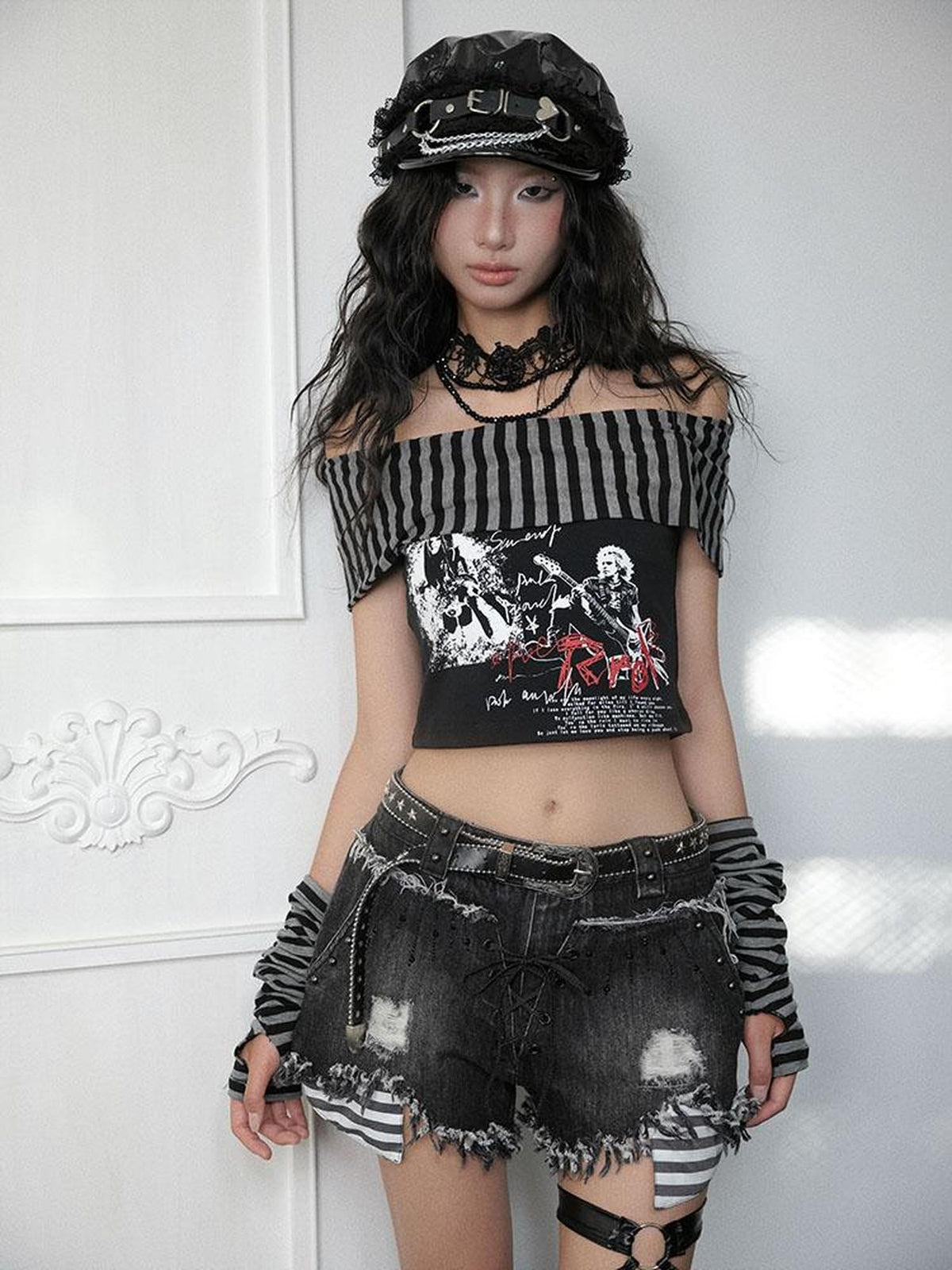 WSW WUSHENWU Punk Street Print Off-shoulder Women&