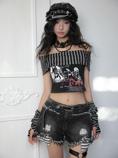 WSW WUSHENWU Punk Street Print Off-shoulder Women&