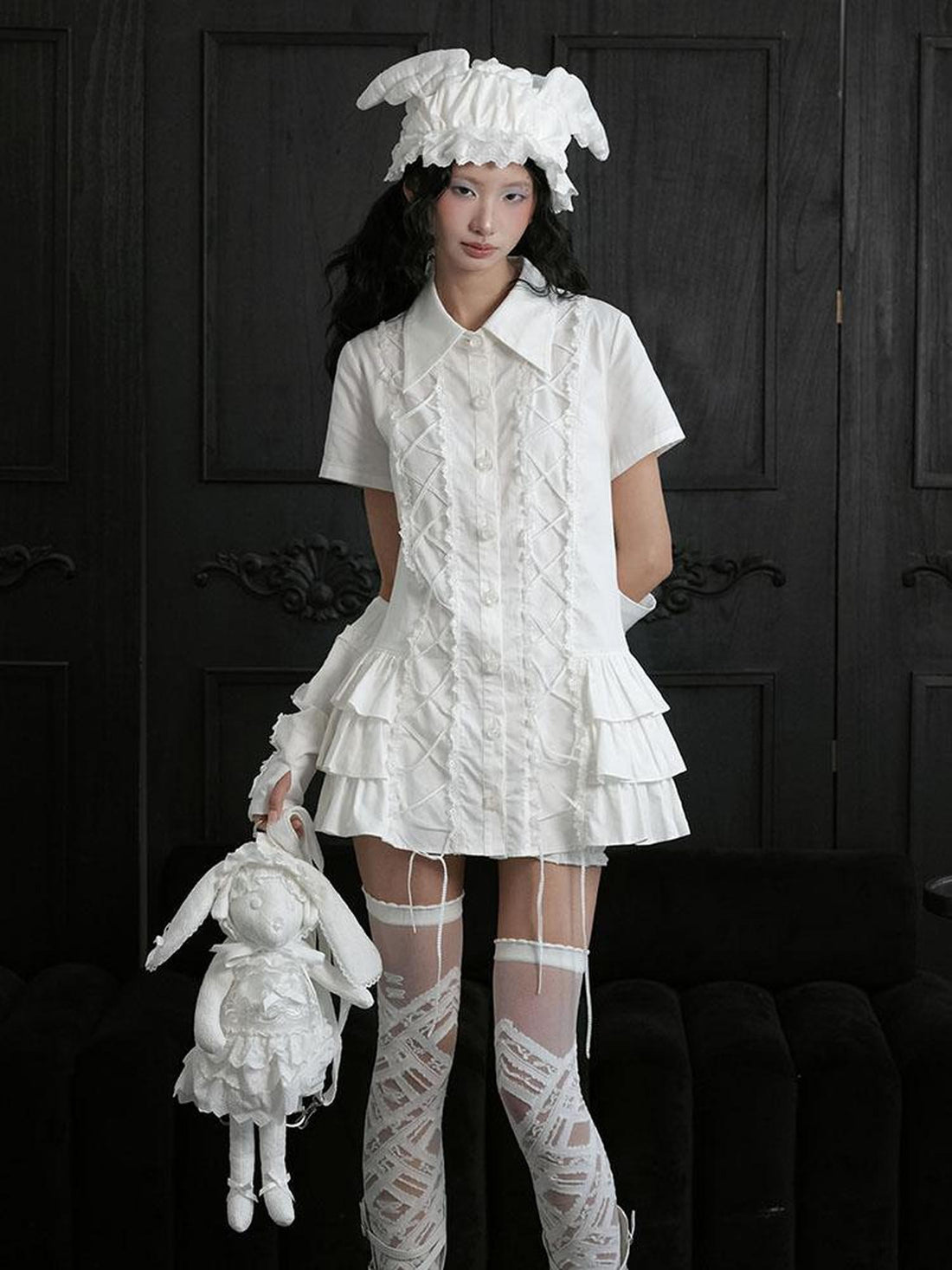 WSW WUSHENWU Pure White Lace Up Layered Lace Trim Cotton Women&