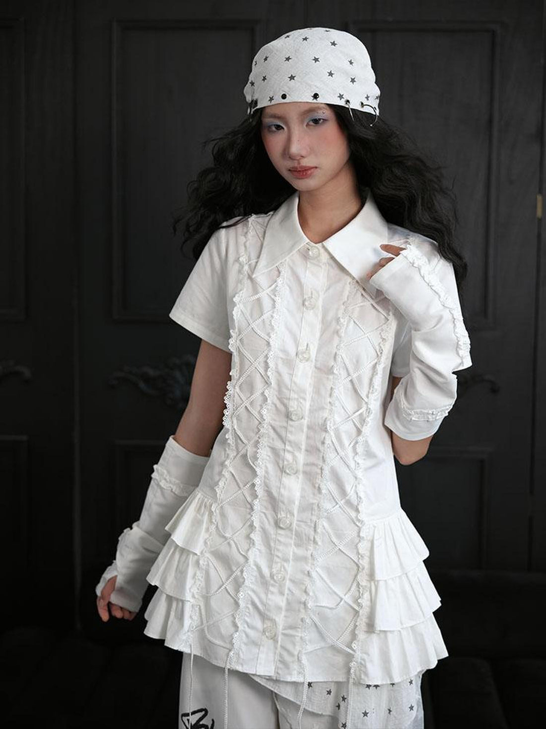 WSW WUSHENWU Pure White Lace Up Layered Lace Trim Cotton Women&