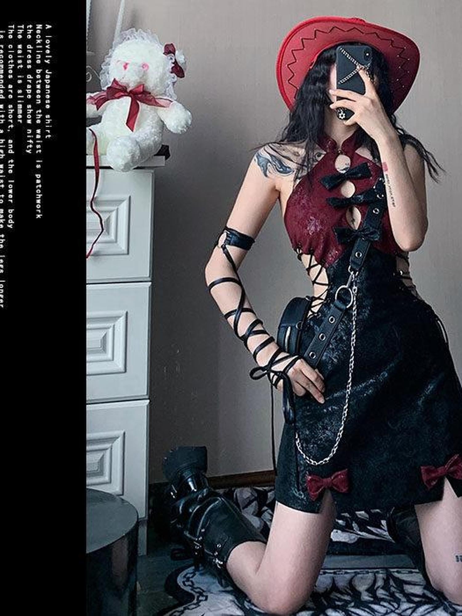 WSW WUSHENWU Red Black Backless Tie Qipao Women&
