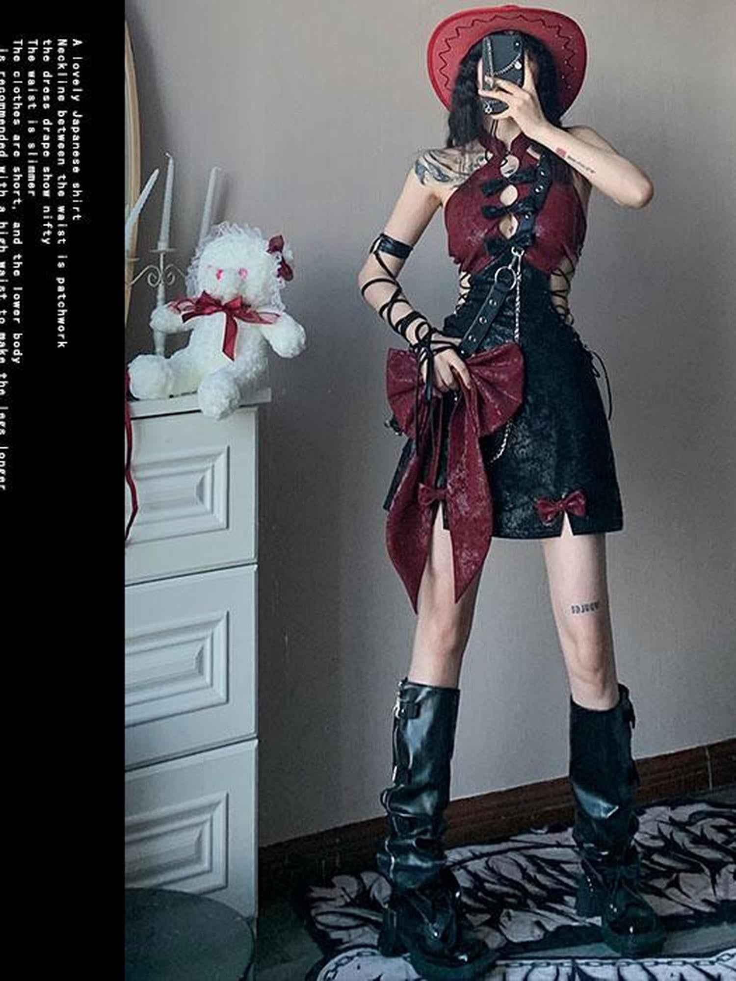 WSW WUSHENWU Red Black Backless Tie Qipao Women&