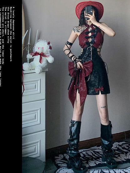 WSW WUSHENWU Red Black Backless Tie Qipao Women&