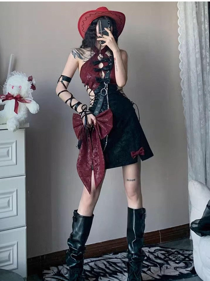 WSW WUSHENWU Red Black Backless Tie Qipao Women&
