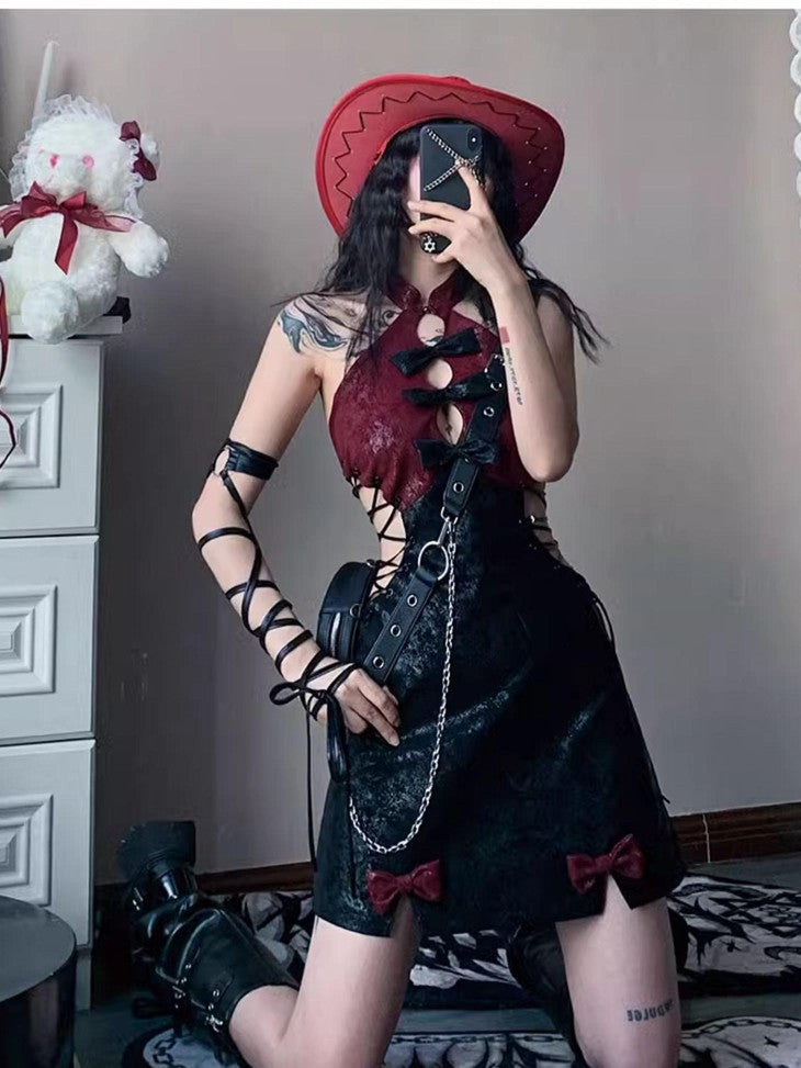 WSW WUSHENWU Red Black Backless Tie Qipao Women&