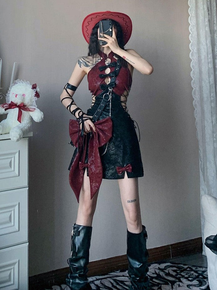 WSW WUSHENWU Red Black Backless Tie Qipao Women&