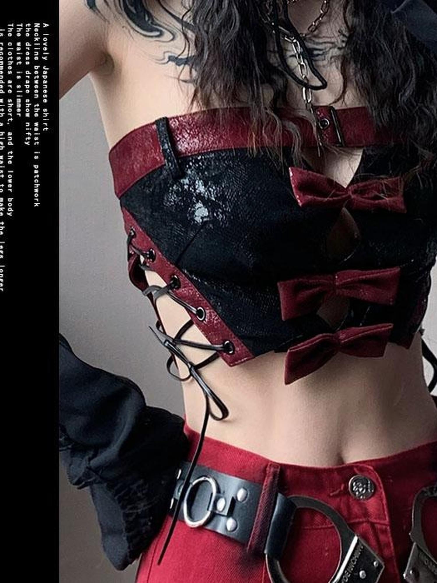 WSW WUSHENWU Red Black Leather Biker Strappy Cropped Women&