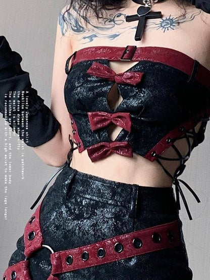 WSW WUSHENWU Red Black Leather Biker Strappy Cropped Women&