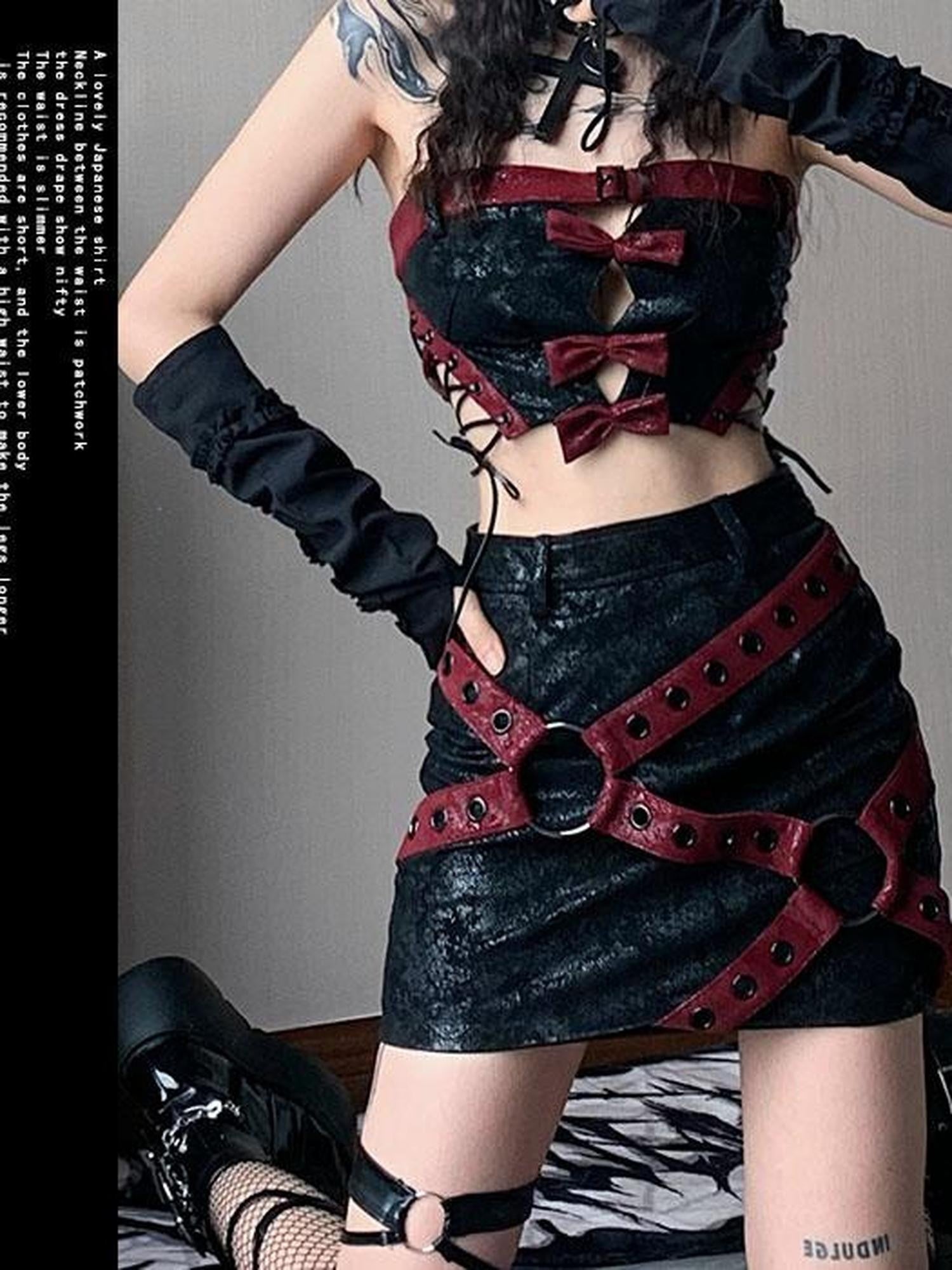 WSW WUSHENWU Red Black Leather Biker Strappy Cropped Women&