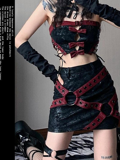 WSW WUSHENWU Red Black Leather Biker Strappy Cropped Women&