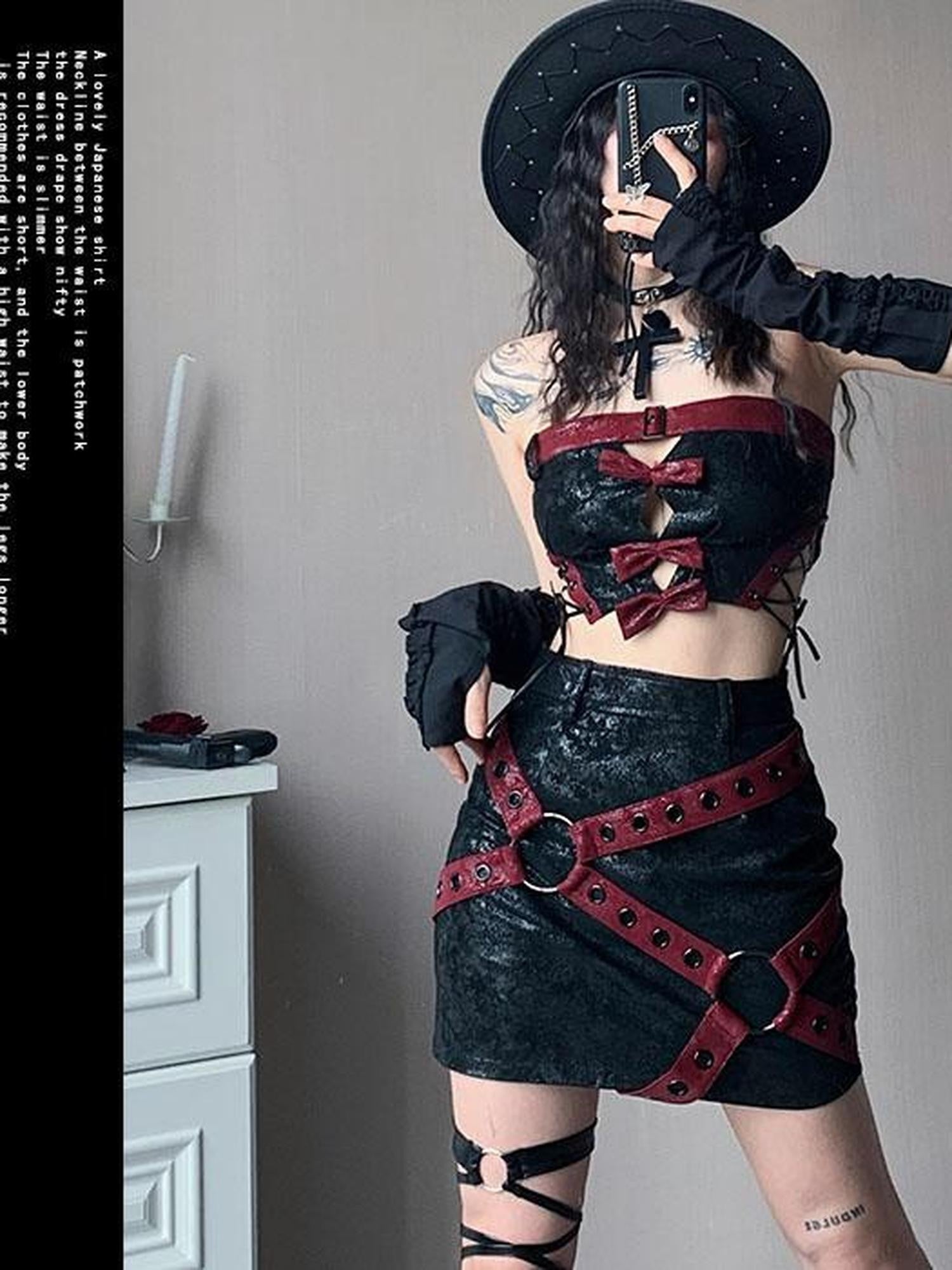 WSW WUSHENWU Red Black Leather Biker Strappy Cropped Women&