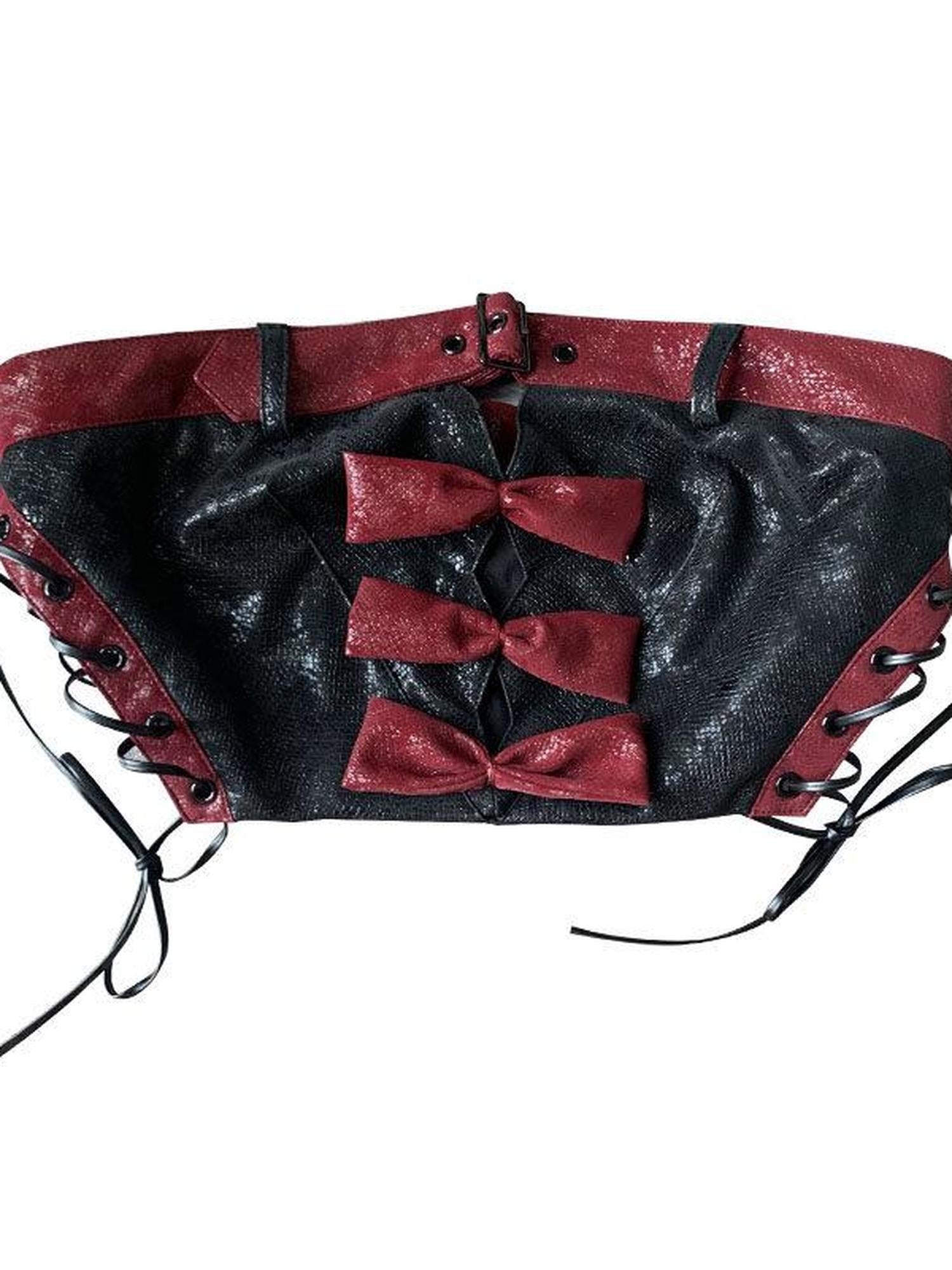 WSW WUSHENWU Red Black Leather Biker Strappy Cropped Women&
