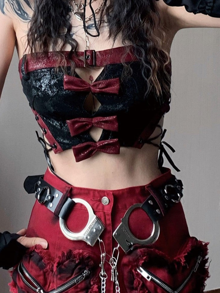 WSW WUSHENWU Red Black Leather Biker Strappy Cropped Women&