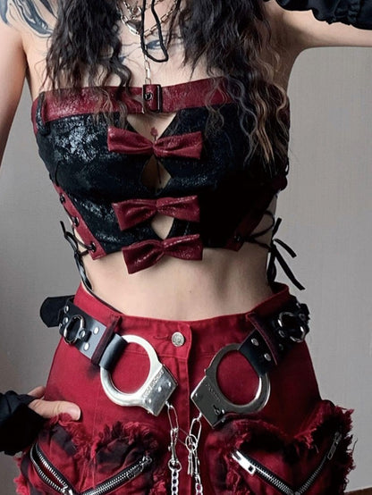 WSW WUSHENWU Red Black Leather Biker Strappy Cropped Women&