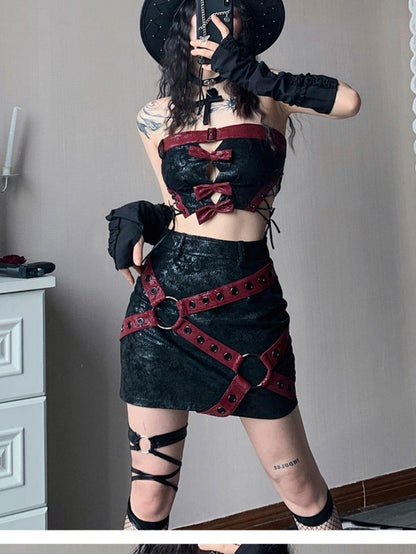 WSW WUSHENWU Red Black Leather Biker Strappy Cropped Women&