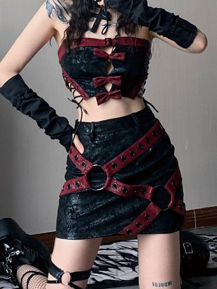 WSW WUSHENWU Red Black Leather Biker Strappy Cropped Women&