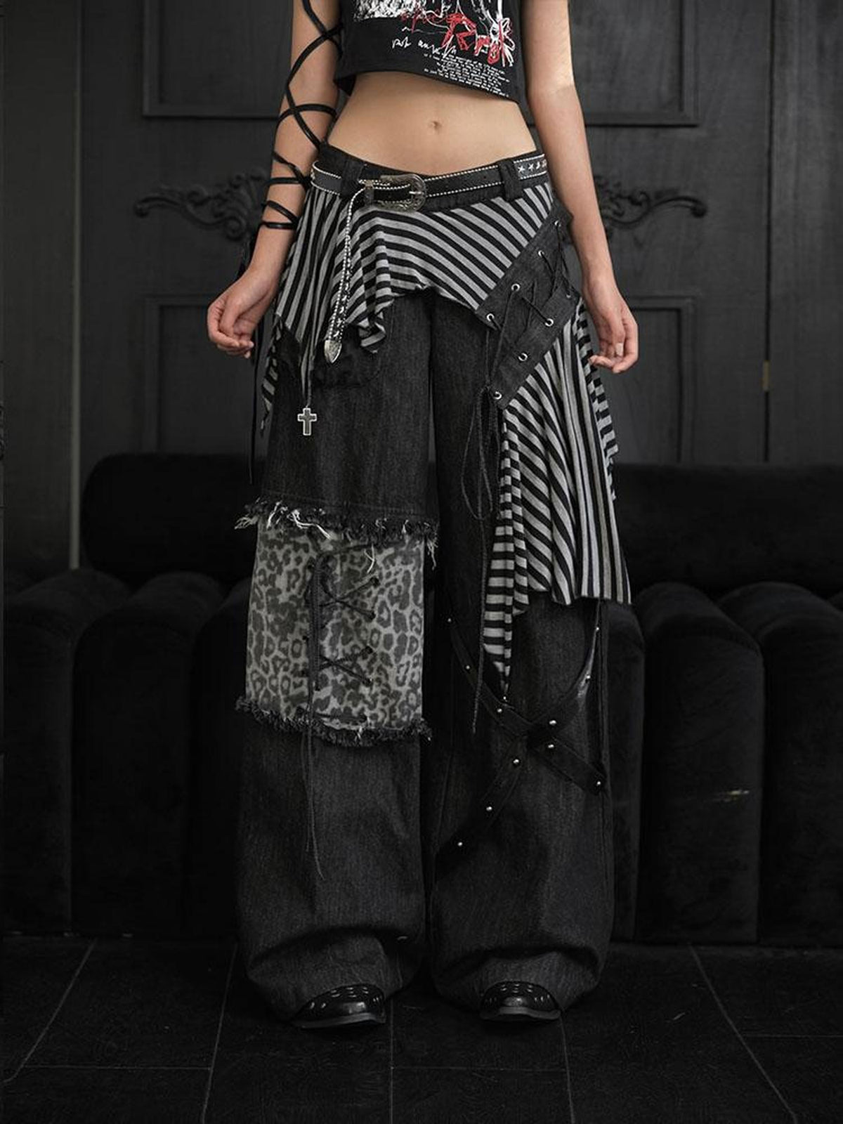 WSW WUSHENWU Striped Lace-up Patchwork Punk Streetwear Women&