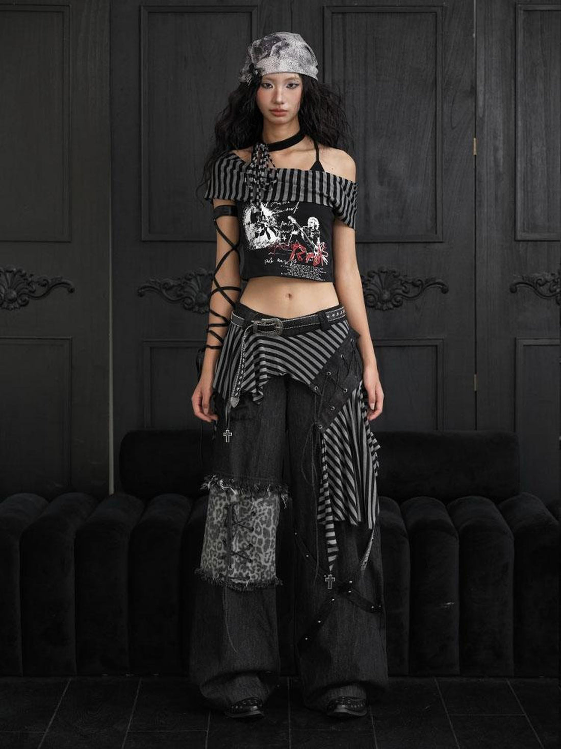 WSW WUSHENWU Striped Lace-up Patchwork Punk Streetwear Women&