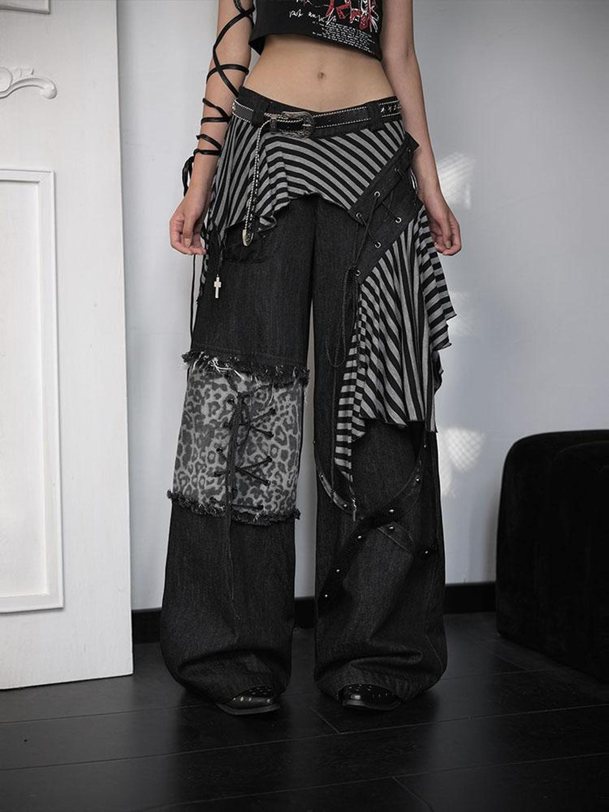 WSW WUSHENWU Striped Lace-up Patchwork Punk Streetwear Women&