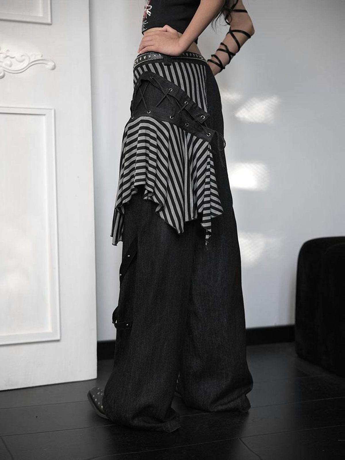 WSW WUSHENWU Striped Lace-up Patchwork Punk Streetwear Women&