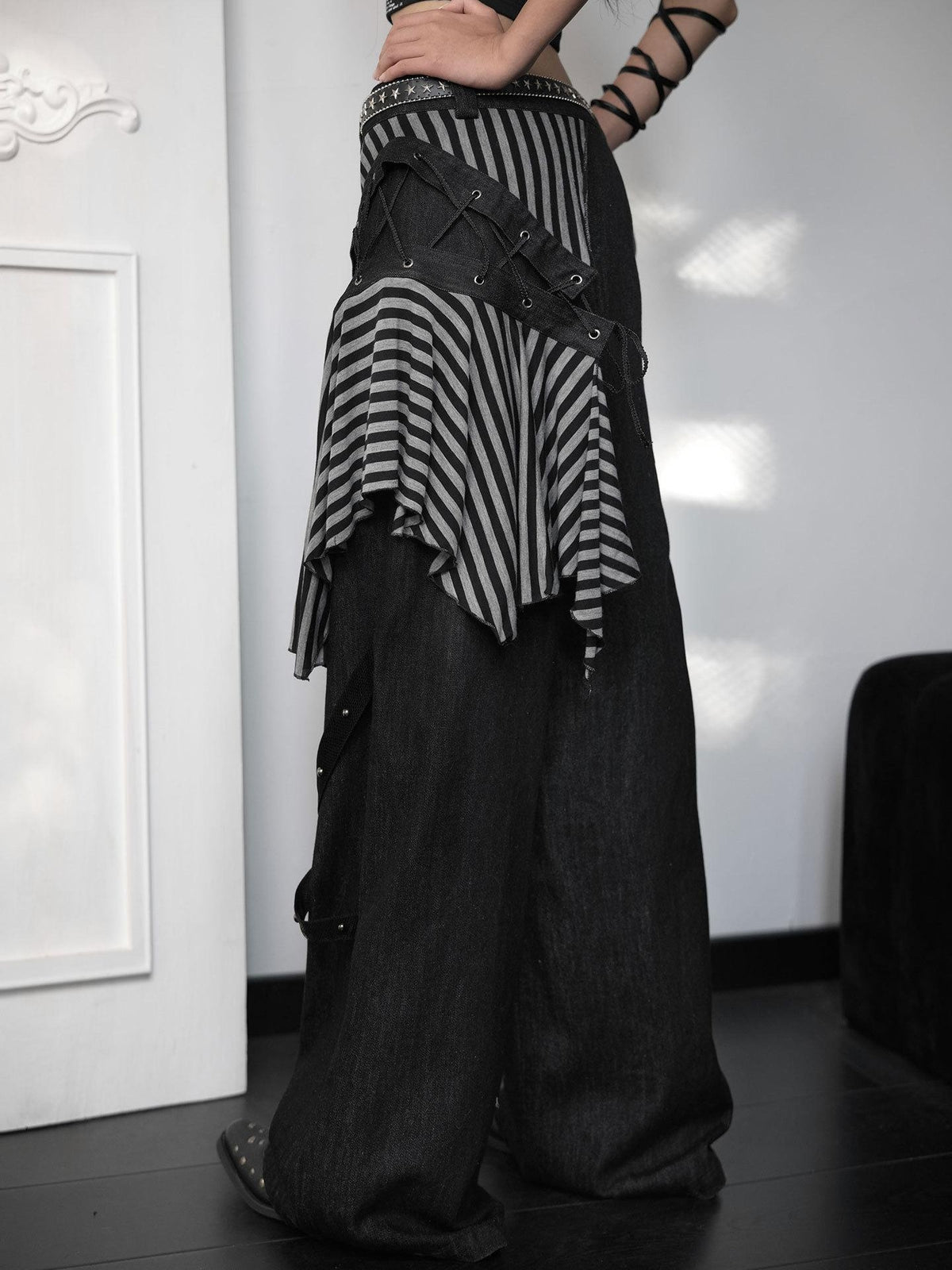 WSW WUSHENWU Striped Lace-up Patchwork Punk Streetwear Women&