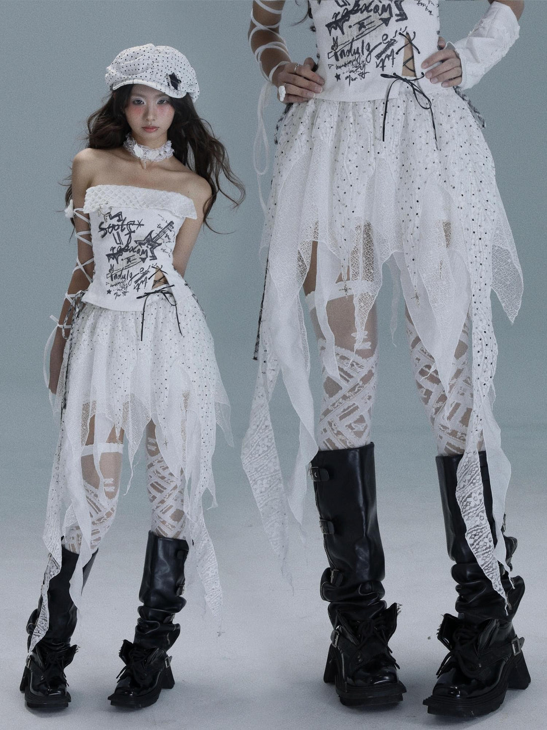 WSW WUSHENWU White Asymmetrical Patchwork Distressed Tie Women&