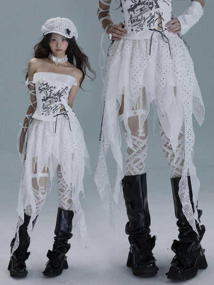 WSW WUSHENWU White Asymmetrical Patchwork Distressed Tie Women&