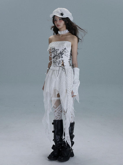 WSW WUSHENWU White Asymmetrical Patchwork Distressed Tie Women&