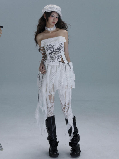 WSW WUSHENWU White Asymmetrical Patchwork Distressed Tie Women&
