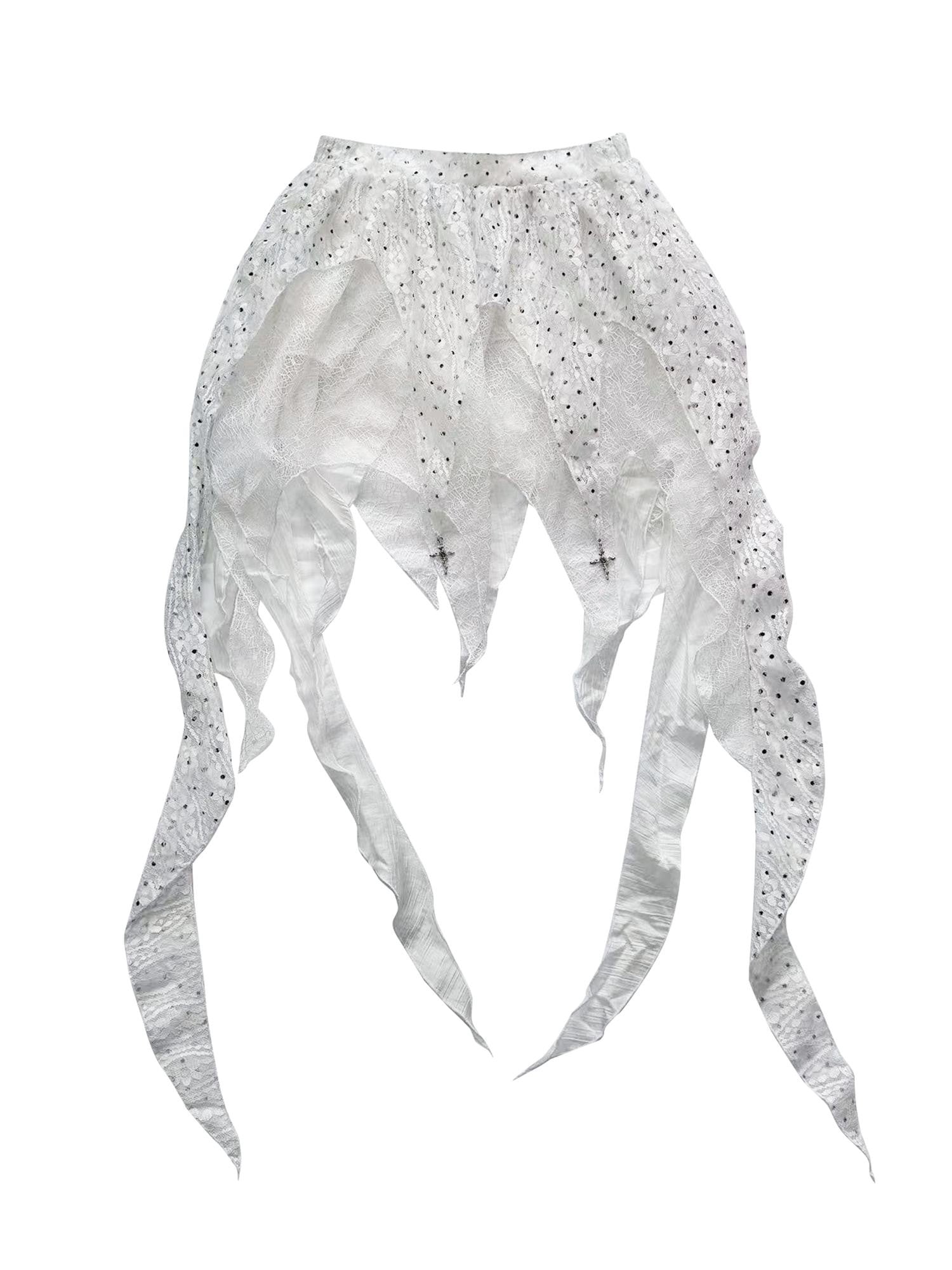 WSW WUSHENWU White Asymmetrical Patchwork Distressed Tie Women&