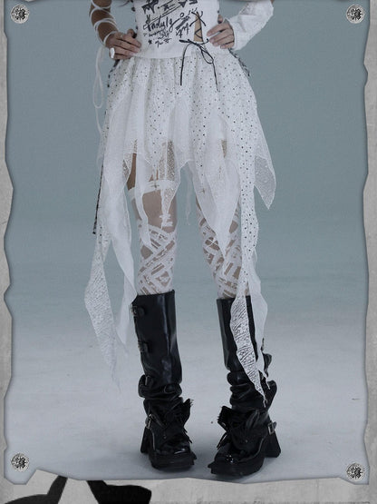 WSW WUSHENWU White Asymmetrical Patchwork Distressed Tie Women&