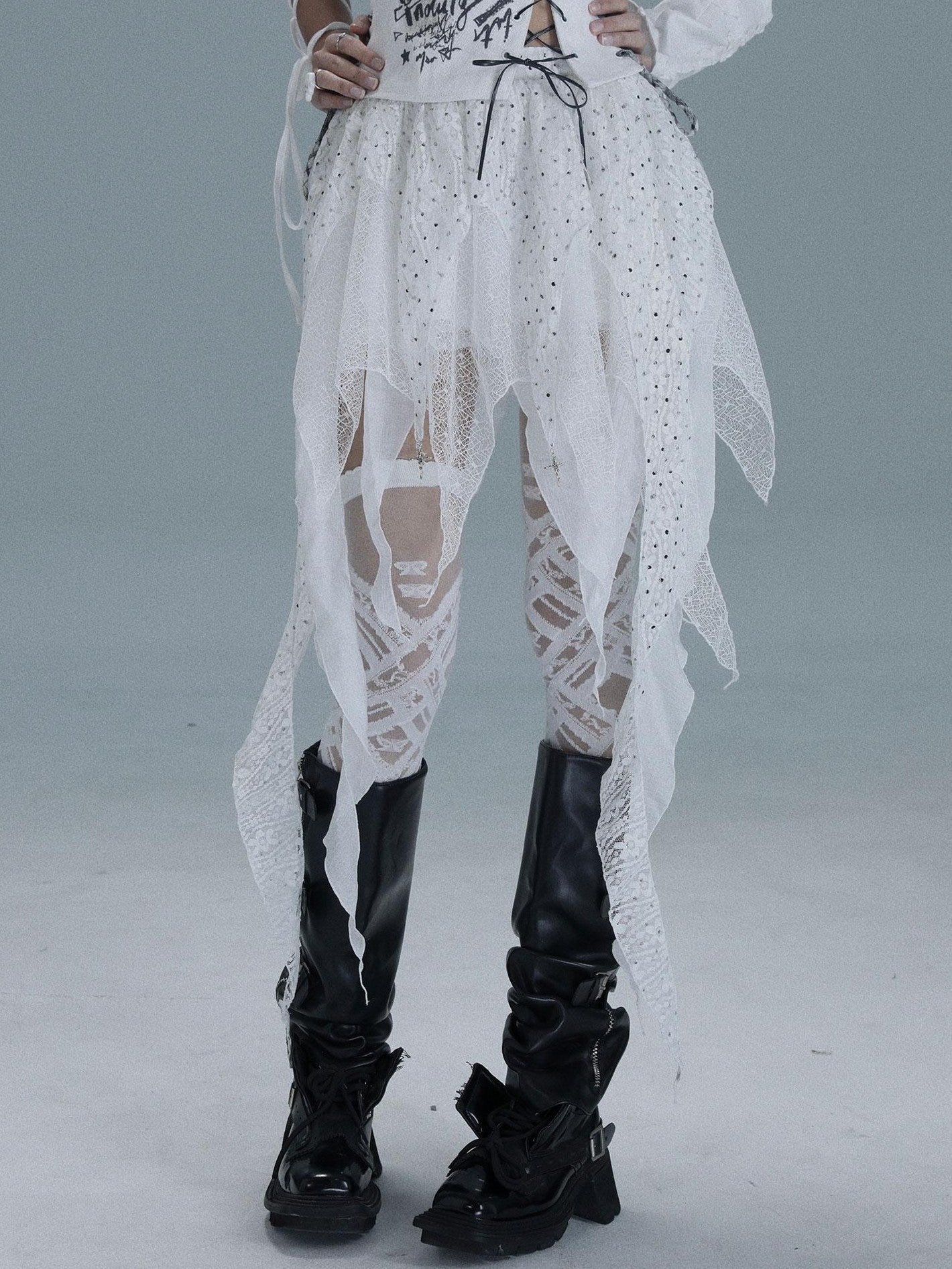 WSW WUSHENWU White Asymmetrical Patchwork Distressed Tie Women&