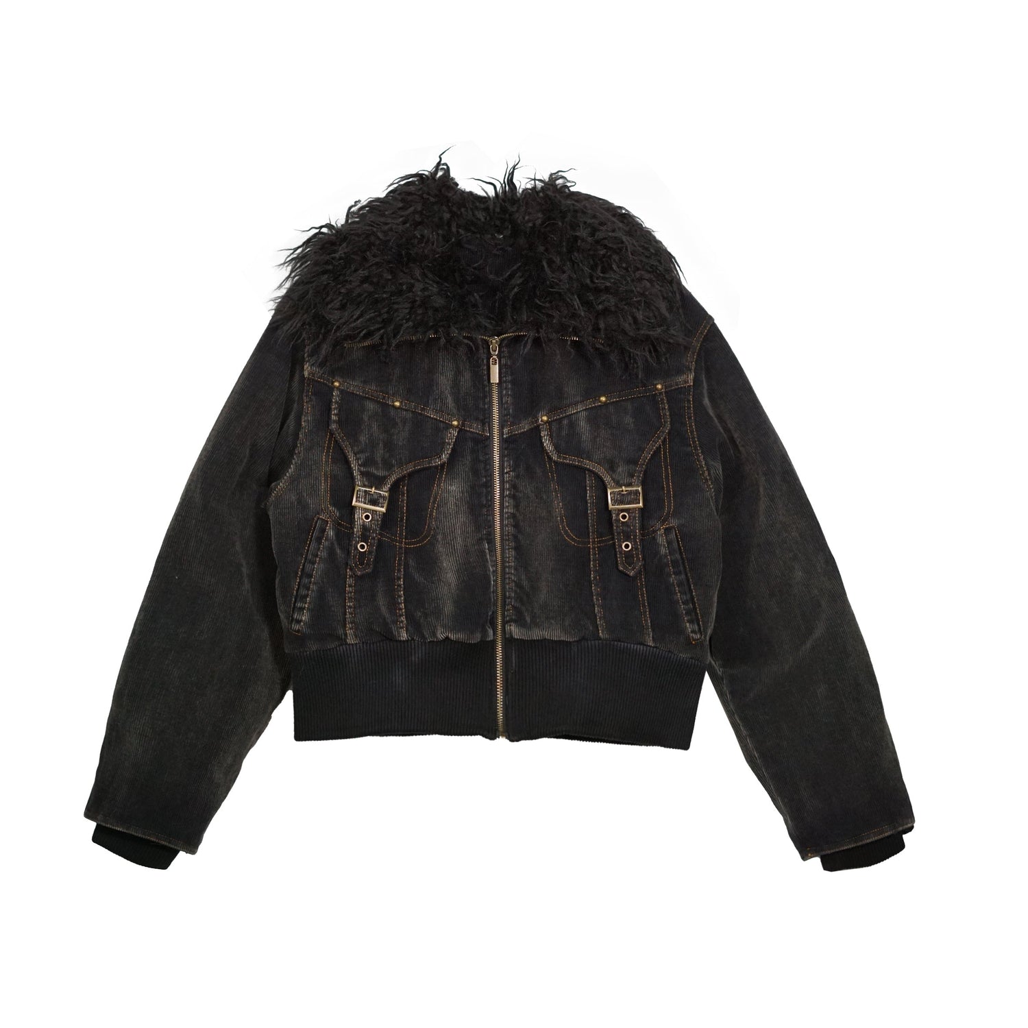 Update c Vintage Black Corduroy Bomber Jacket With Detachable Fur Collar