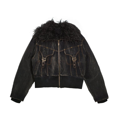 Update c Vintage Black Corduroy Bomber Jacket With Detachable Fur Collar