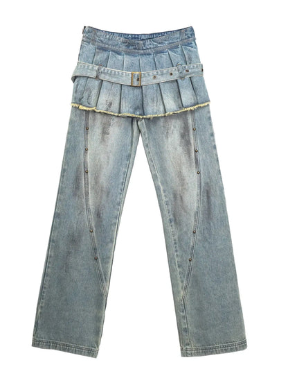 Dirty Wash Denim Cargo Culottes With Pleated Skirt