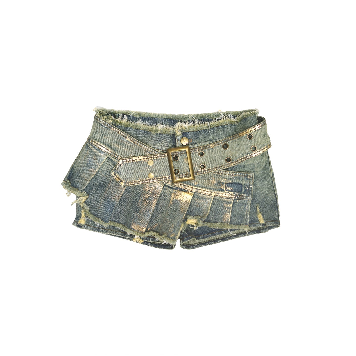 Update Cest Nous Irregular Structured Patchwork Belted Gold Foil Frayed Denim Culotte Skirt