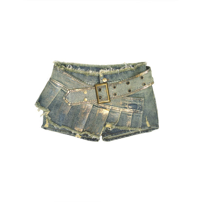 Update Cest Nous Irregular Structured Patchwork Belted Gold Foil Frayed Denim Culotte Skirt
