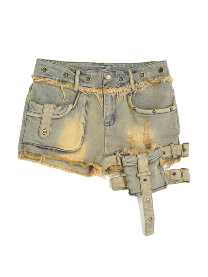 Vintage Washed Blue Green Raw Edge Tie Shorts