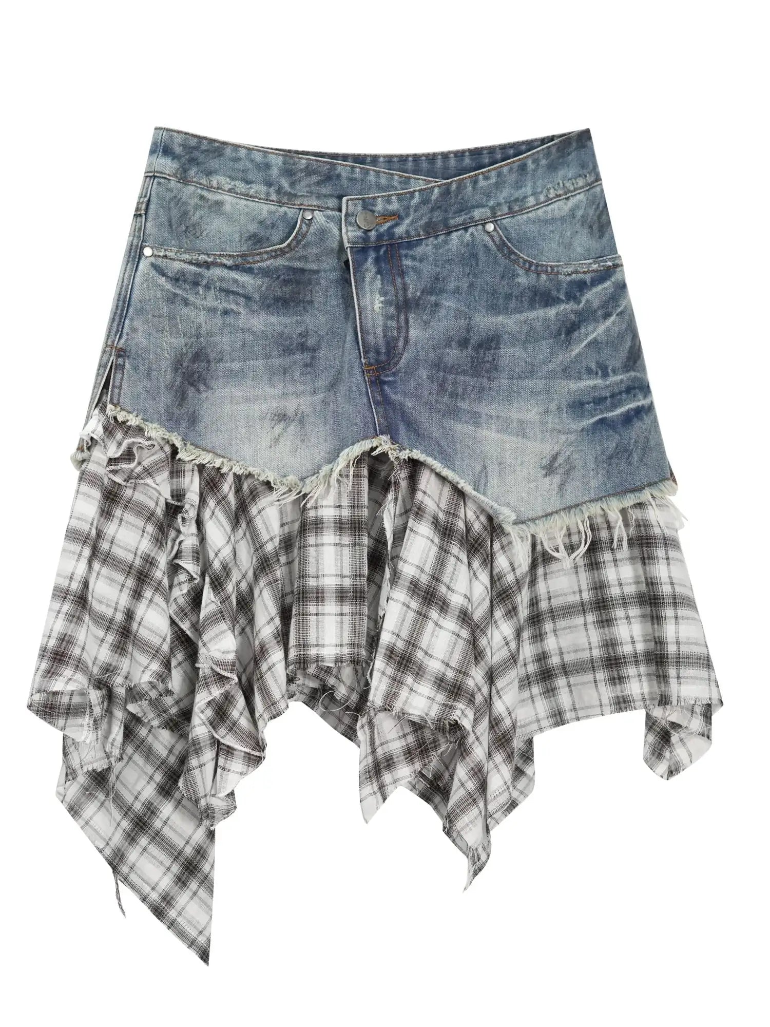 Dirty Wash Deconstructed Checkered Denim Skirt