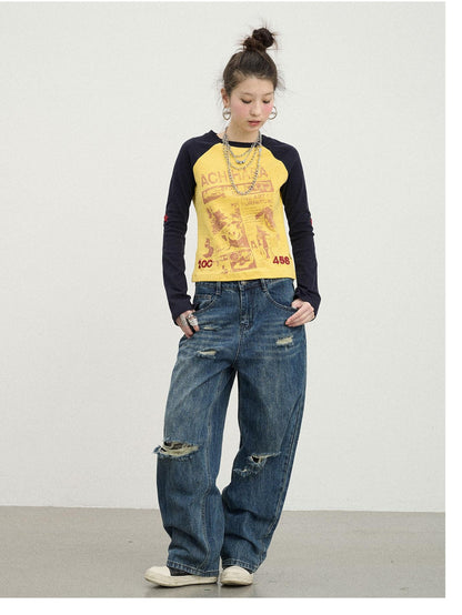 Washed Acid-Wash Distressed Jeans