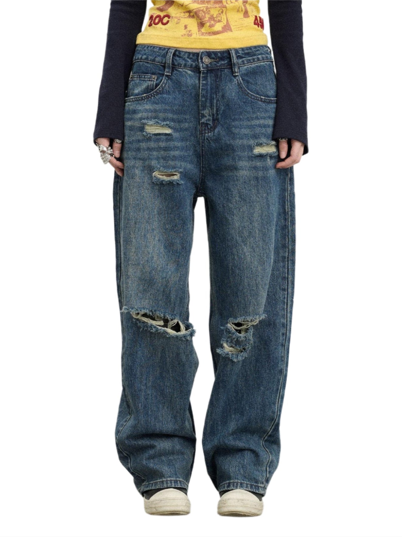 Washed Acid-Wash Distressed Jeans